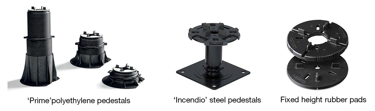 Image of three types of construction pedestal supports: Prime polyethylene pedestals, Incendio steel pedestals, and fixed height rubber pads, each with a distinct design and material.