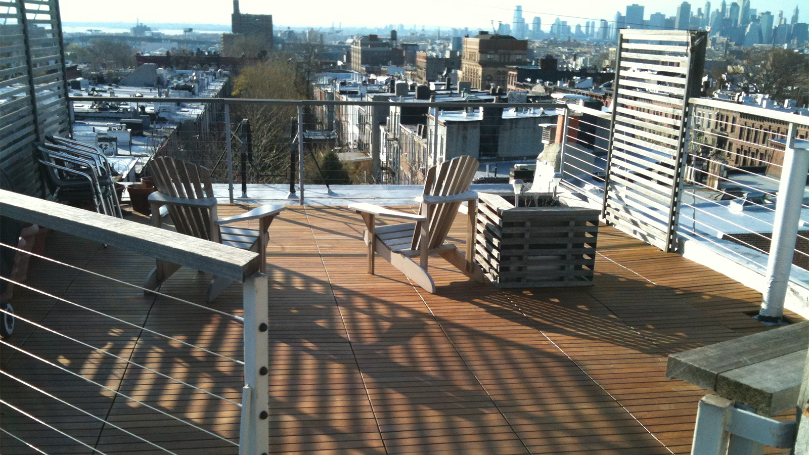 interlocking ipe tiles on urban roof deck. 