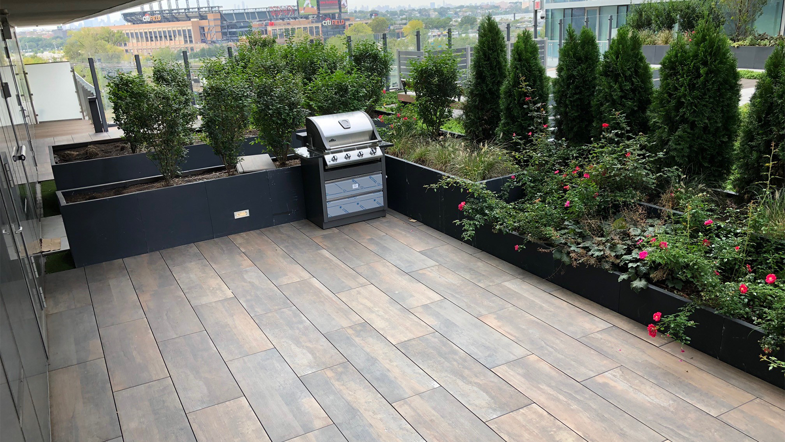 dark wood look porcelain planks on a residential patio.