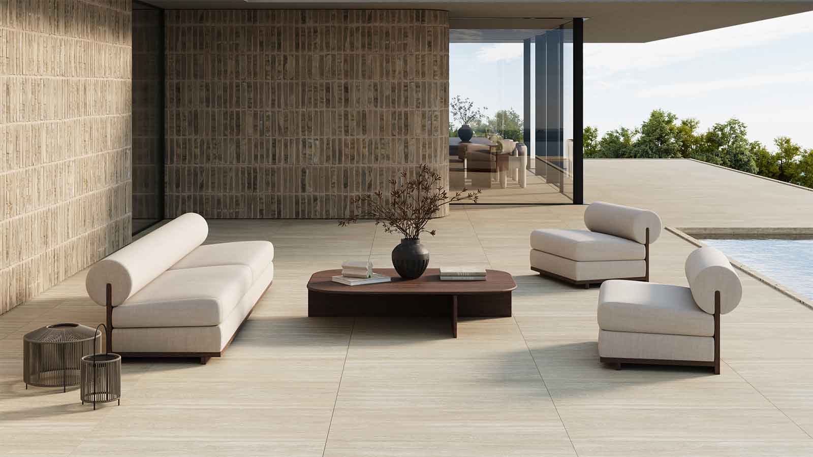 24x48 inch travertine porcelain pavers on a residential back patio. 