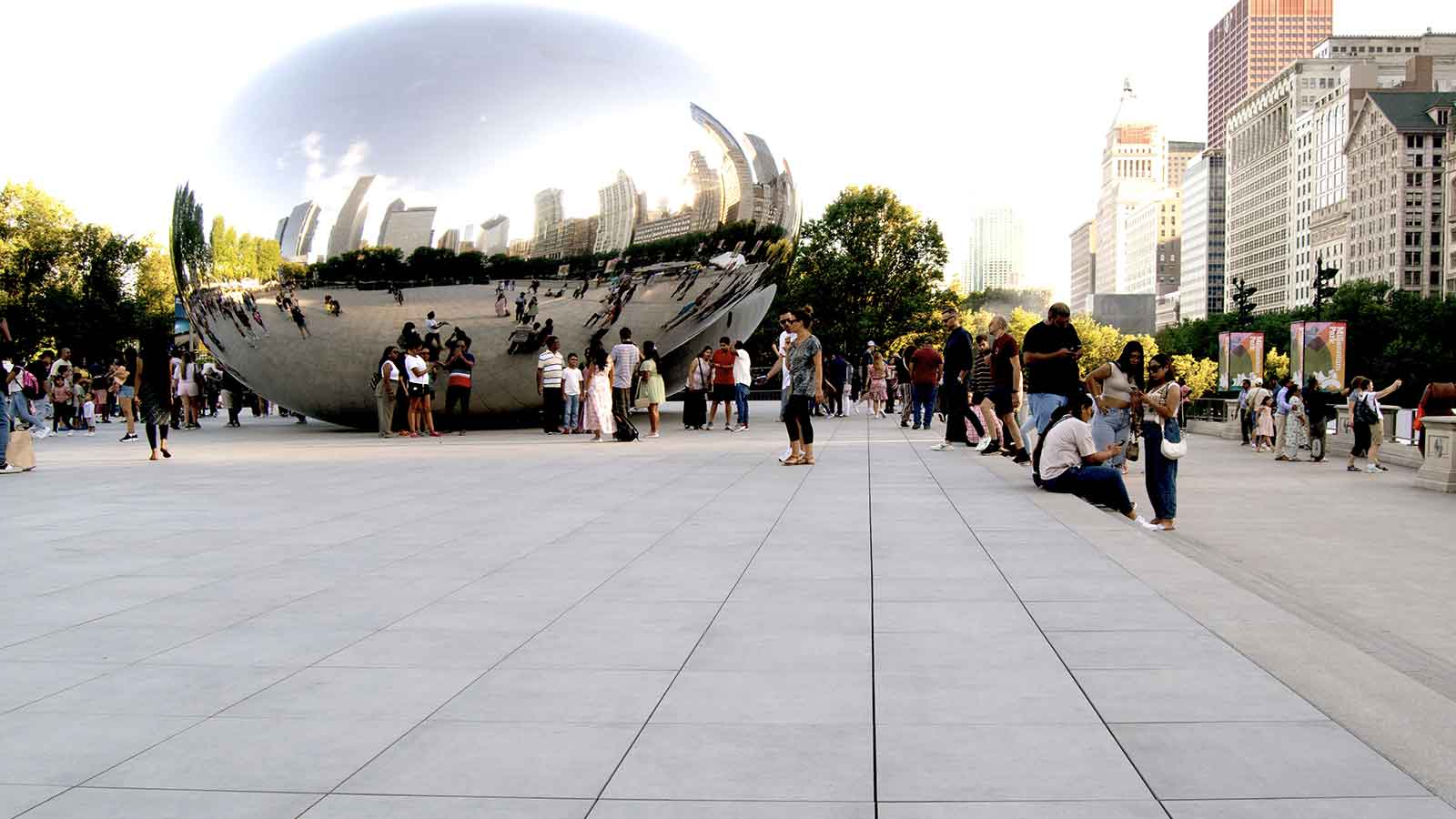 the chicago bean with grey porcelain pavers in front. 