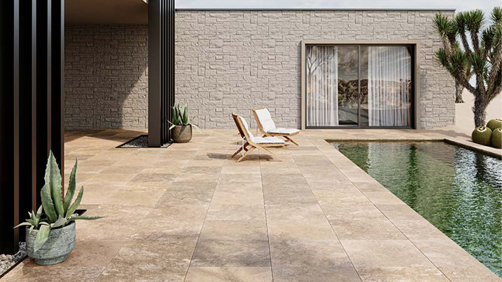 beige travertine porcelain pavers in a southwester style backyard with small pool. 