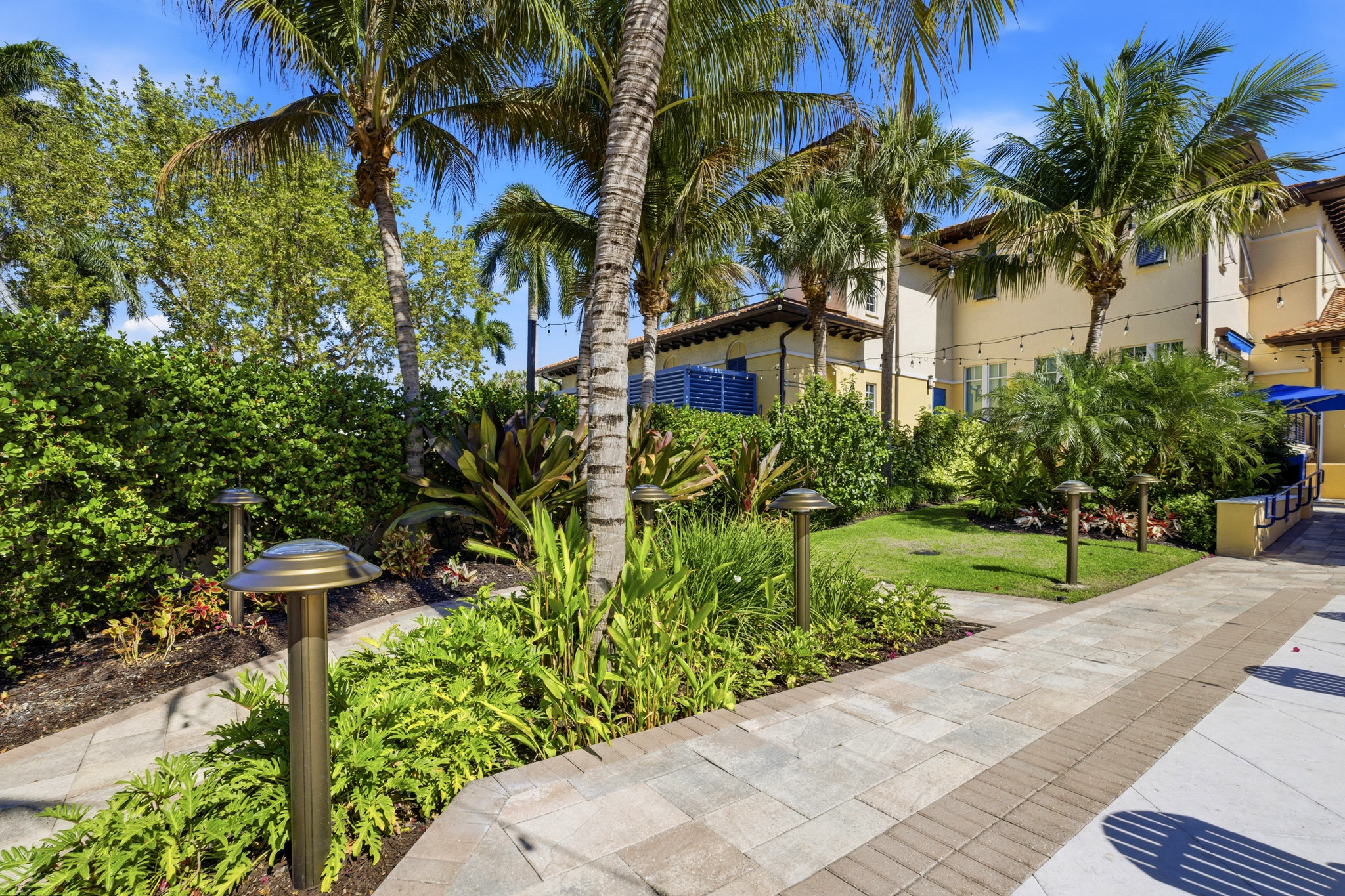 solar bollards with greenery and palm trees.