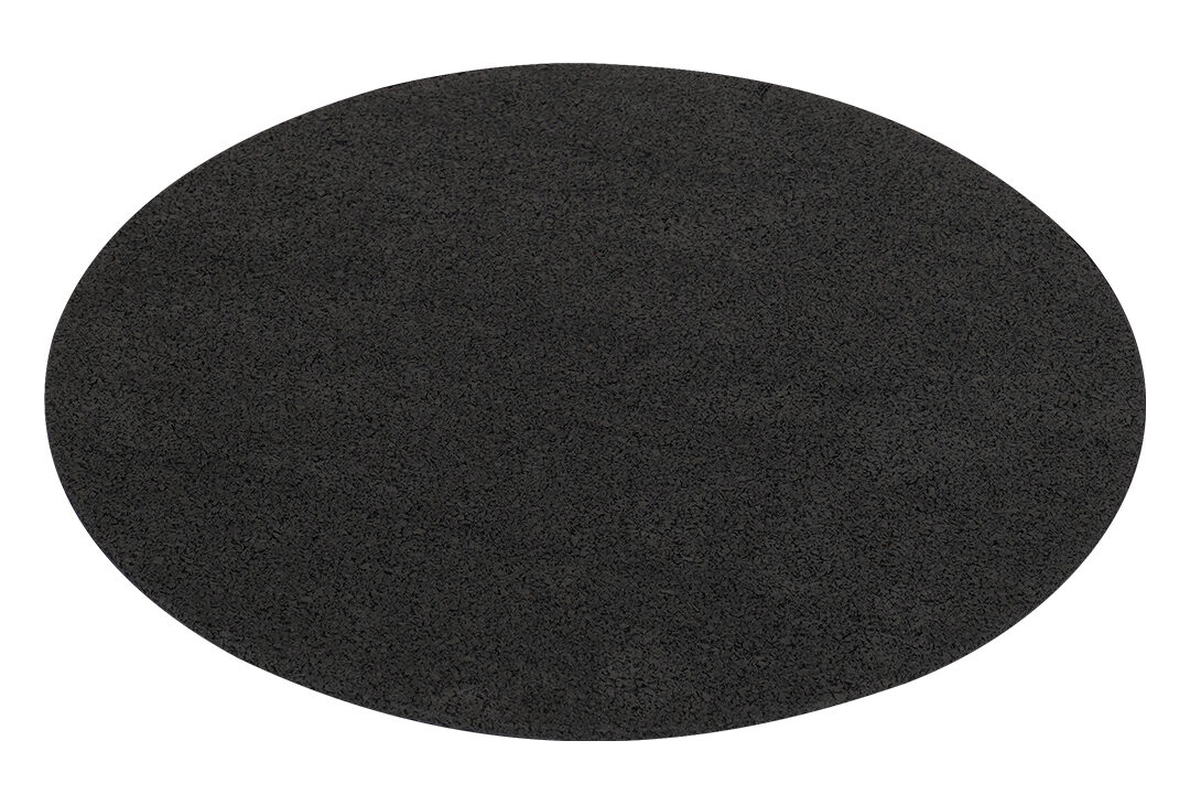 black circular sound and vibration absorbing pad for beneath a decking pedestal.