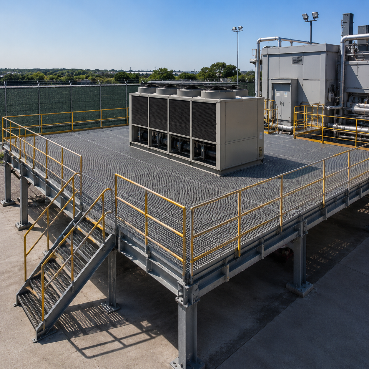 frp industrial platform with frp stairs leading up to it.