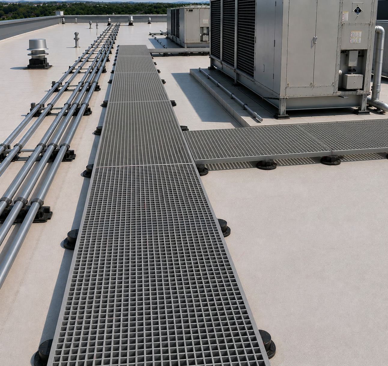 FRP walkway supported by plastic pedestals on a roof top. 
