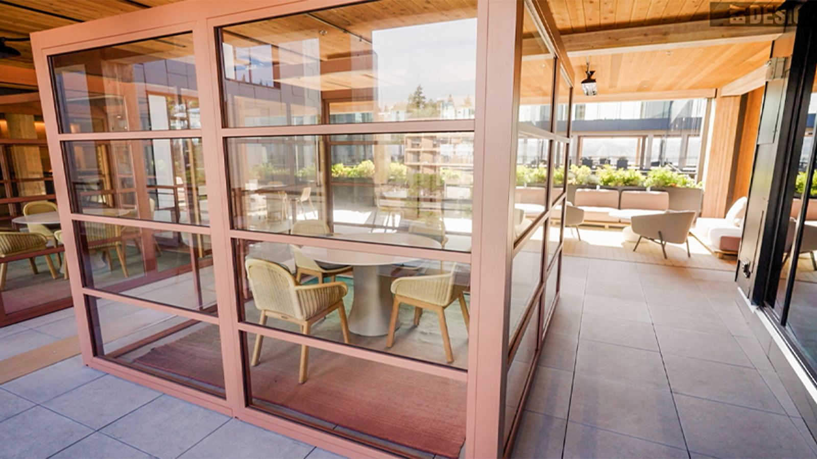 enclosed glass and wood work area at northlake commons in Seattle. 