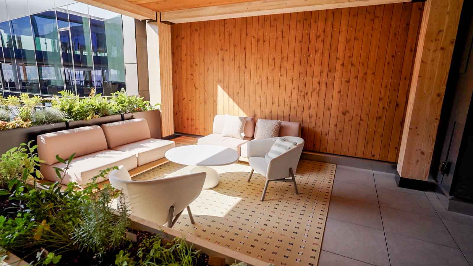 sitting area at northlake commons in Seattle, sun cling in. 