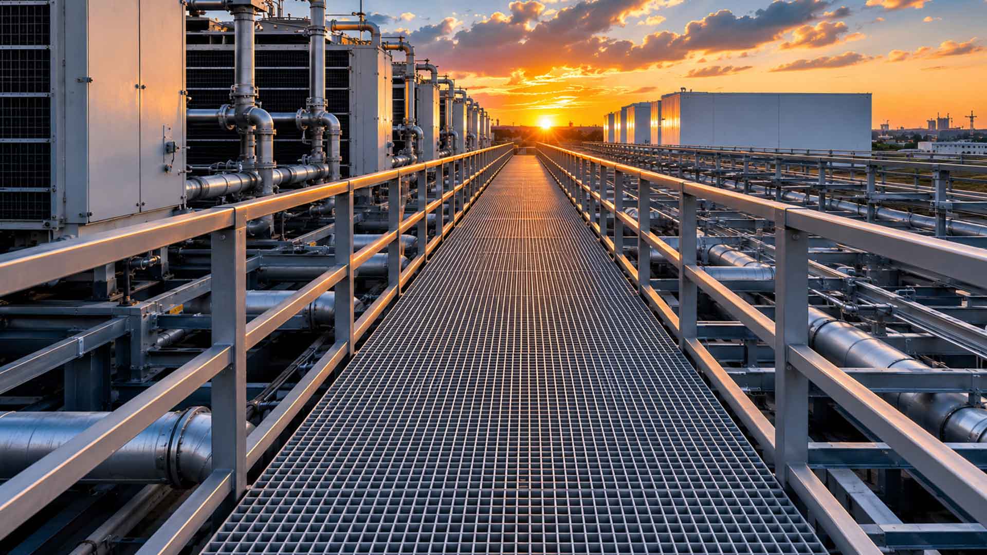 a long rooftop frp grating walkway at sunset.