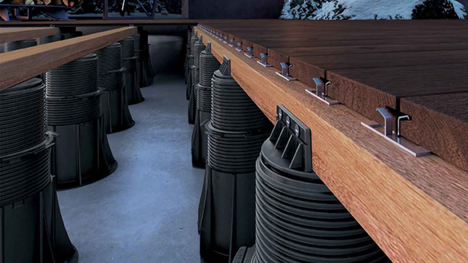 rows of pedestals with wood joist heads holding beams of wood.