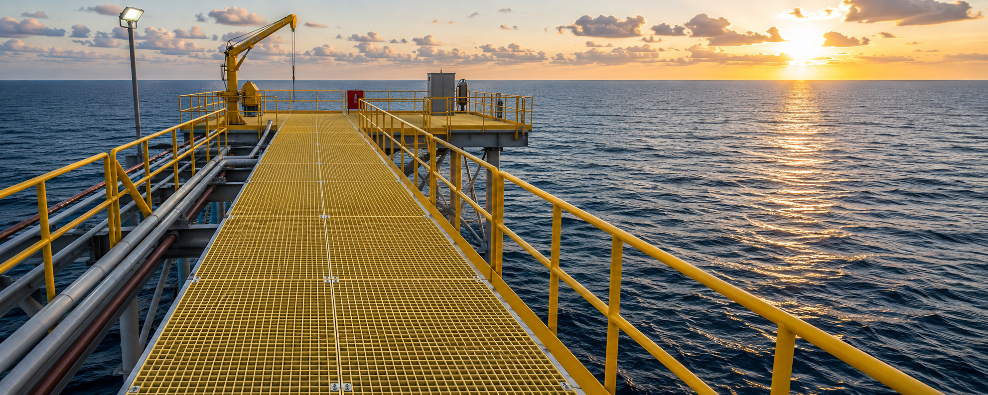 yellow frp panels on an ocean oil rig at sunset. 