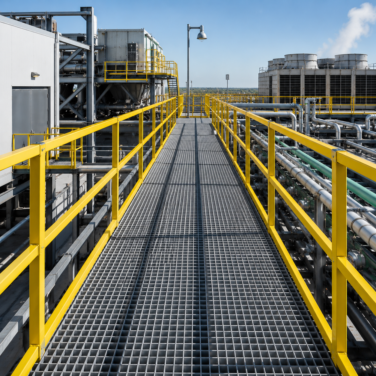 frp walkway on a roof with yellow guardrails on each side. 
