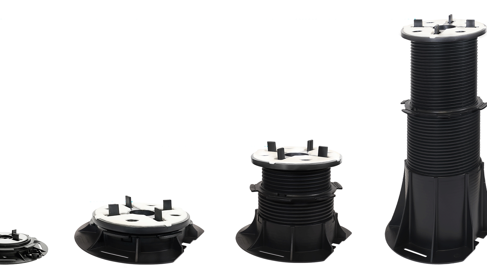 4 black pedestals lined up from shortest to tallest