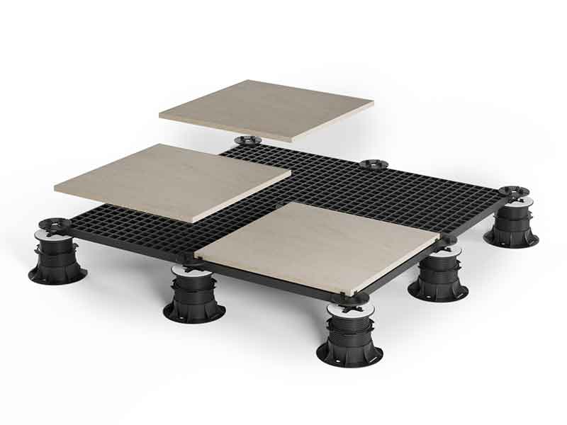 porcelain pavers in 3d view being laid over black frp grating panels