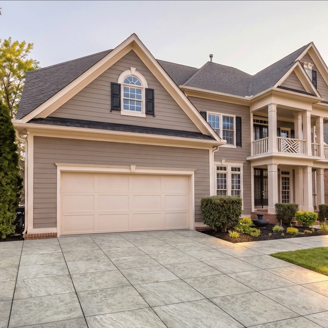 Rendering of suburban 2 story house with driveway with travertine porcelain pavers.