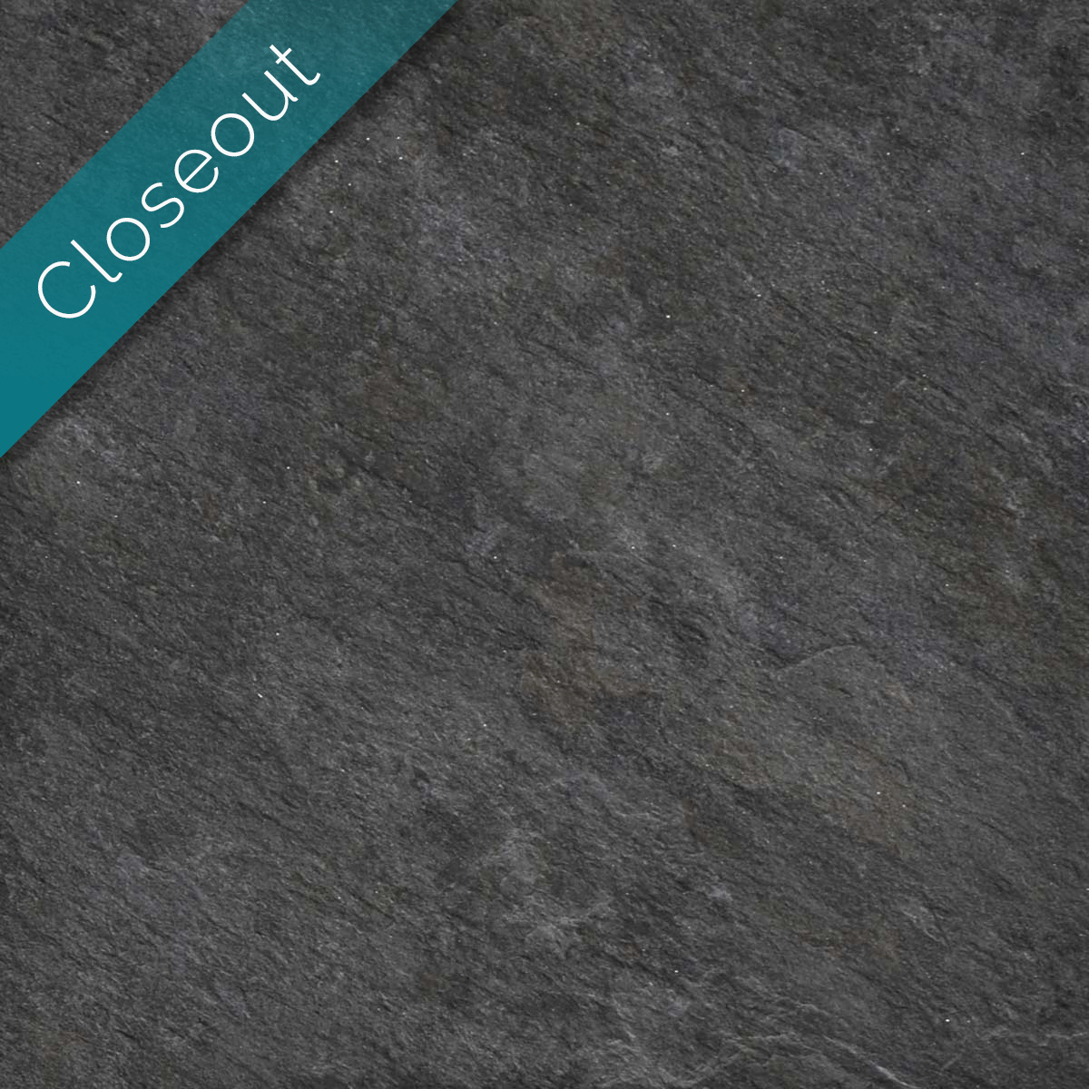 black porcelain paver with silver streaks and patterns and a closeout ribbon in upper left.