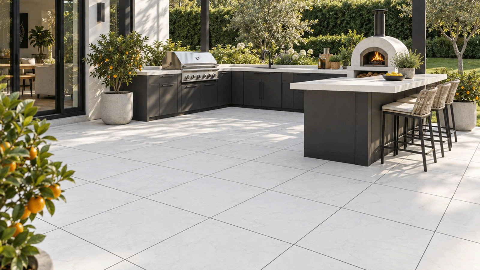 outdoor patio kitchen with white square paver surface and grill and pizza oven on back edge of patio with lush green lawn in background.