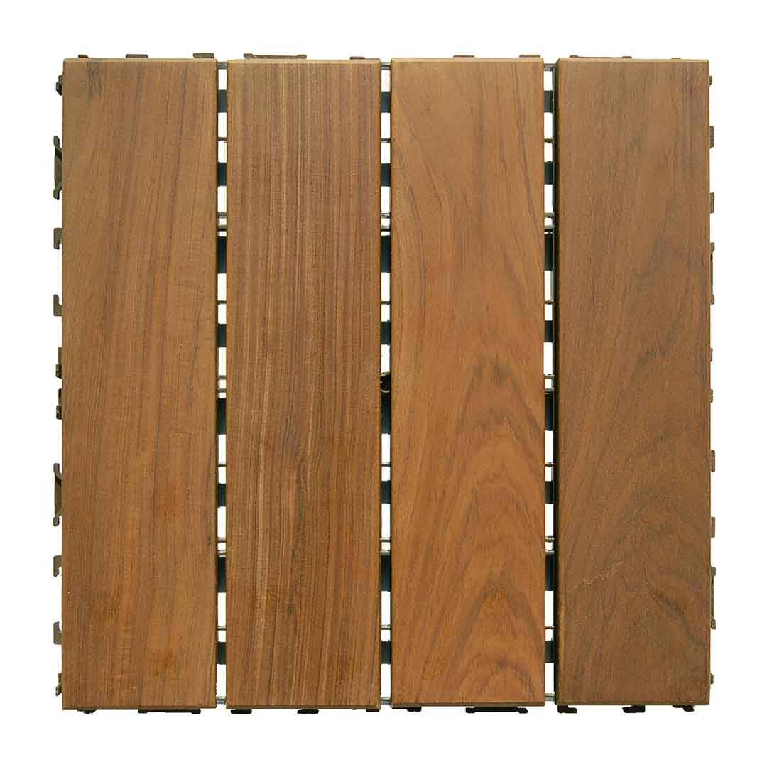 single ipe wood interlocking deck tile vertical slats on white background.